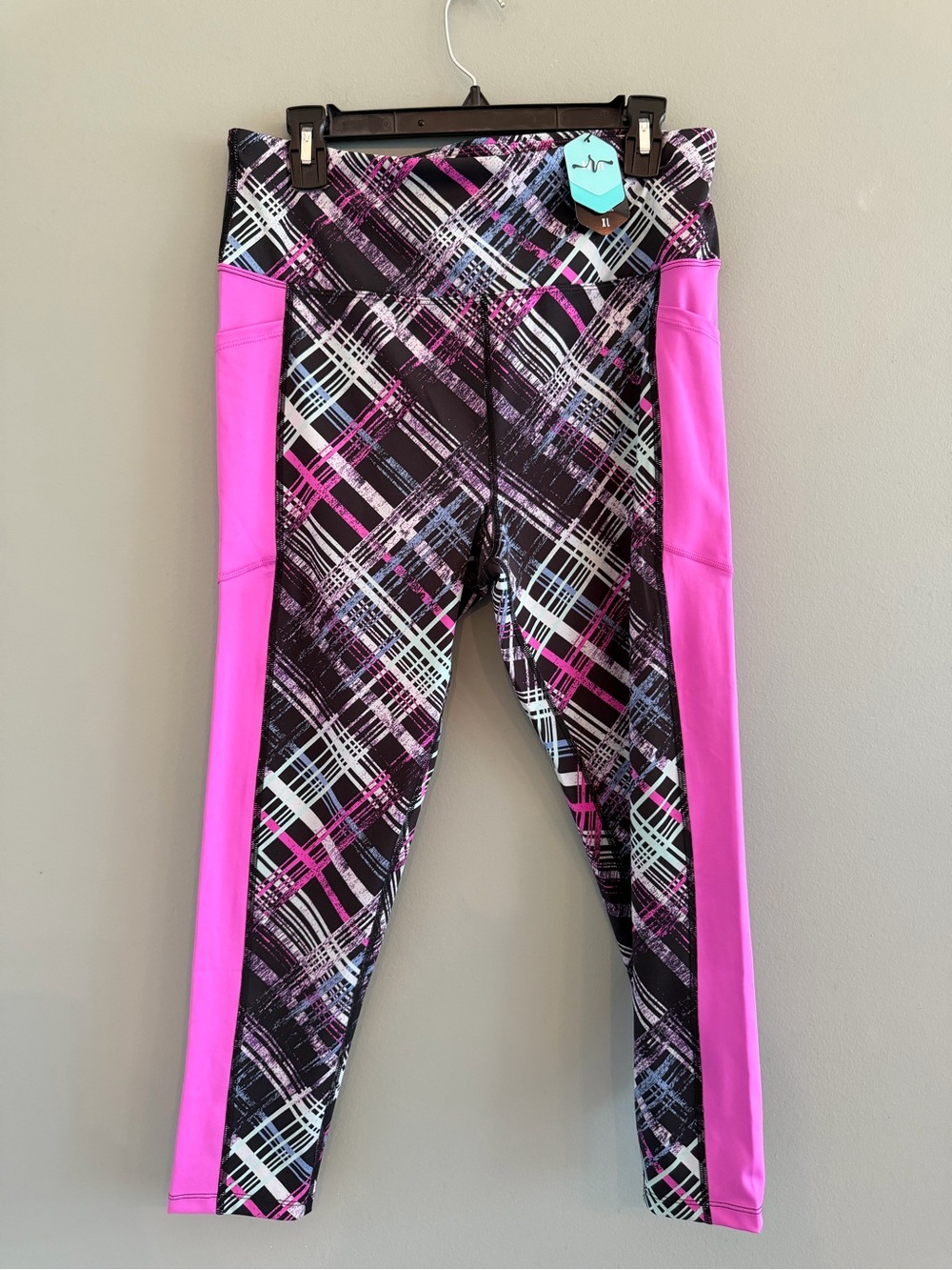 Women’s Pink Plaid Active Leggings with Side Panels